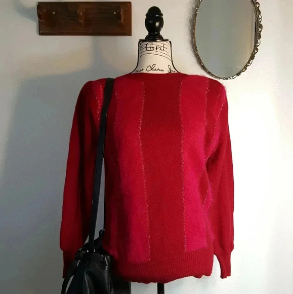 Vintage Red Metallic Design Romantic Valentines Soft Cashmere Mohair Sweater